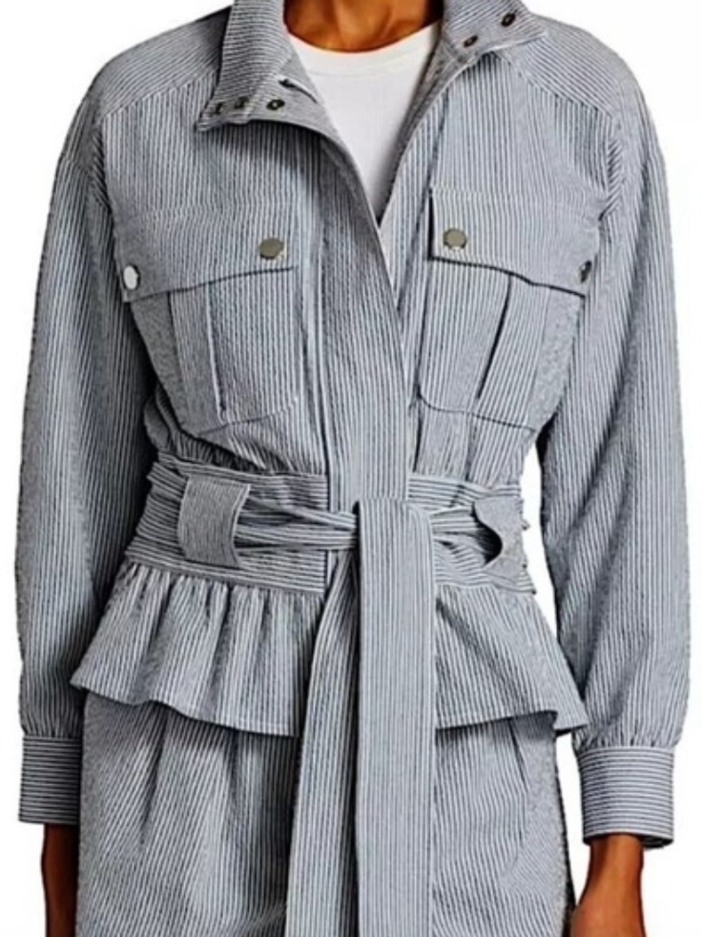 Veronica Beard York Blue & White Stripe Belted Utility Jacket